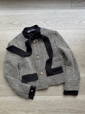 Zara Black & White Tweed Cropped Jacket with Bow Neck